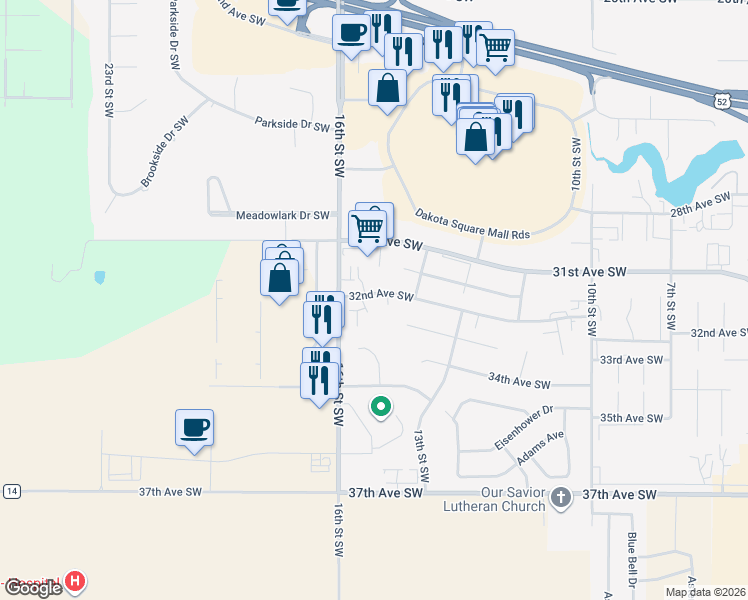 map of restaurants, bars, coffee shops, grocery stores, and more near 1500 32nd Avenue Southwest in Minot