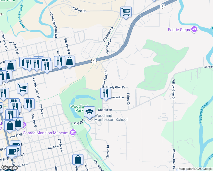 map of restaurants, bars, coffee shops, grocery stores, and more near 20 Woodland Park Drive in Kalispell