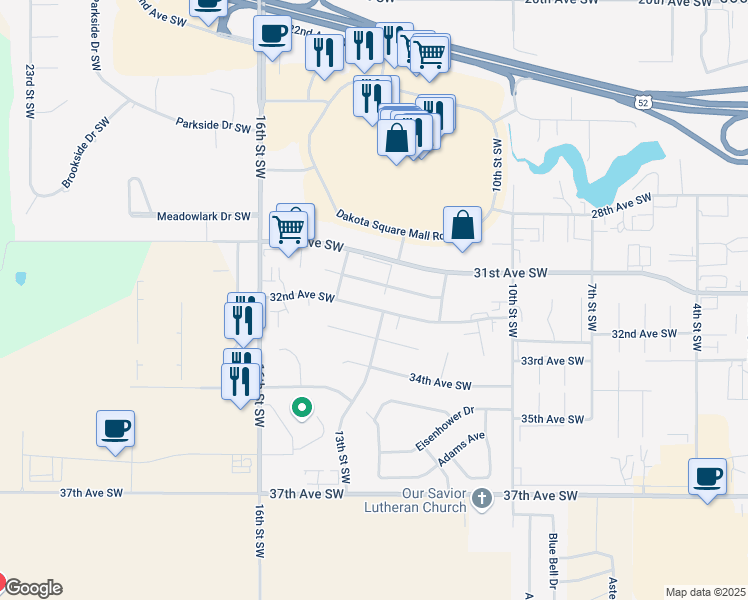 map of restaurants, bars, coffee shops, grocery stores, and more near 1300 32nd Avenue Southwest in Minot