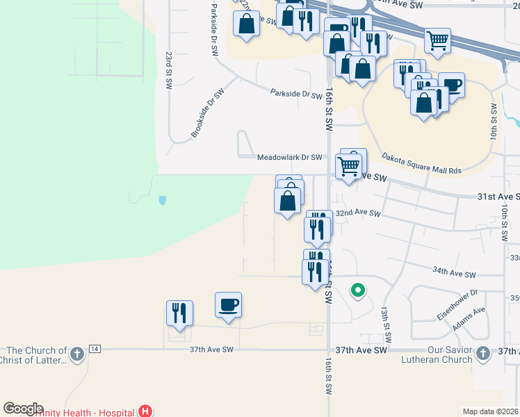 map of restaurants, bars, coffee shops, grocery stores, and more near 1909 31st Avenue Southwest in Minot