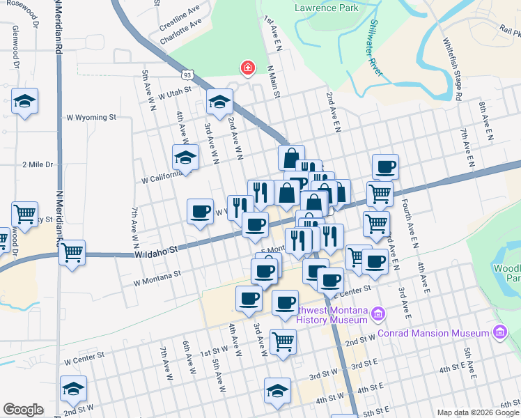 map of restaurants, bars, coffee shops, grocery stores, and more near 128 West Washington Street in Kalispell
