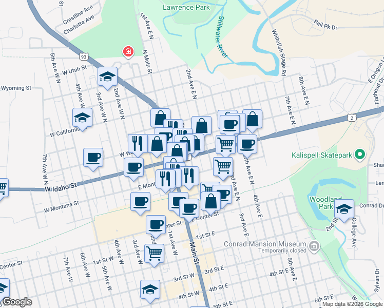 map of restaurants, bars, coffee shops, grocery stores, and more near 255 1st Avenue East North in Kalispell