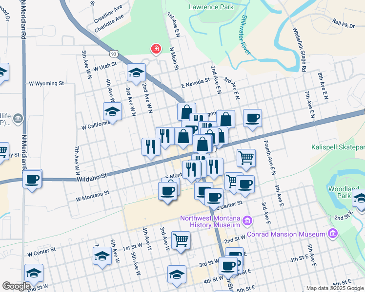 map of restaurants, bars, coffee shops, grocery stores, and more near 281 1st Avenue West North in Kalispell