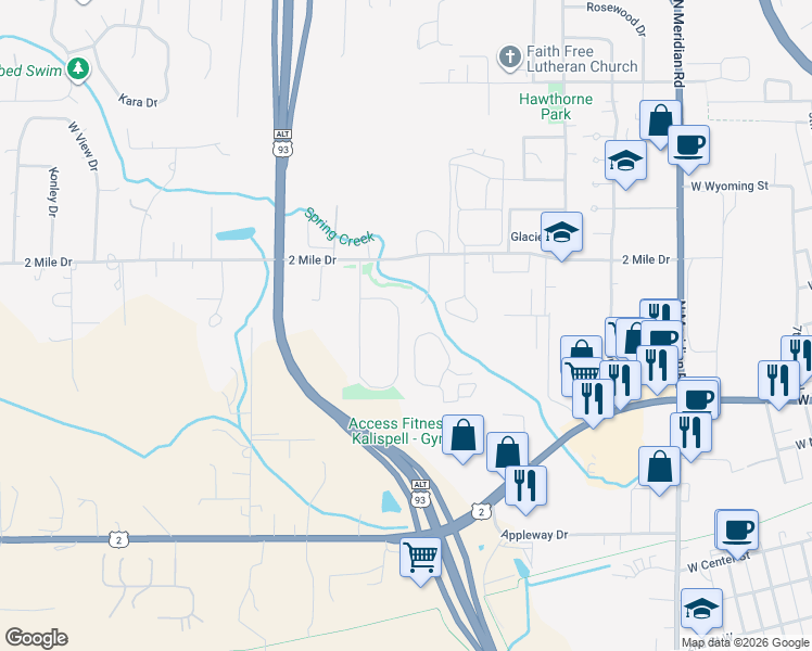 map of restaurants, bars, coffee shops, grocery stores, and more near 151 Greenbriar Drive in Kalispell