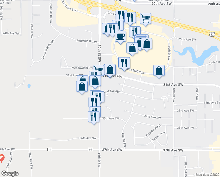 map of restaurants, bars, coffee shops, grocery stores, and more near 1500 32nd Avenue Southwest in Minot