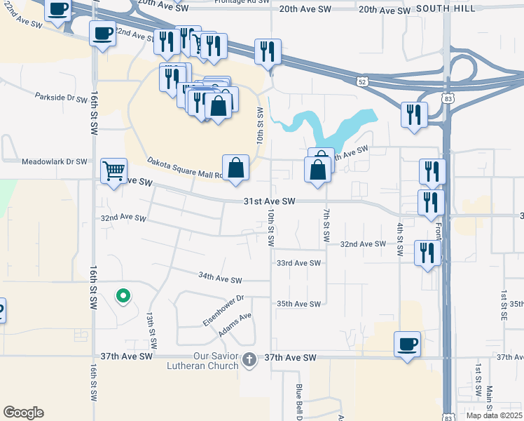 map of restaurants, bars, coffee shops, grocery stores, and more near 3100 10th Street Southwest in Minot