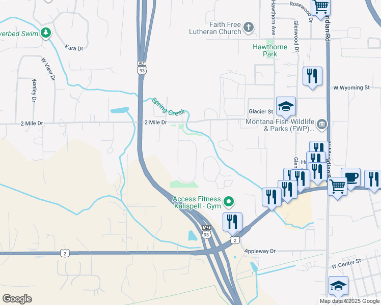 map of restaurants, bars, coffee shops, grocery stores, and more near 150 Greenbriar Drive in Kalispell