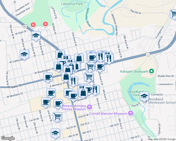 map of restaurants, bars, coffee shops, grocery stores, and more near 196 3rd Avenue East North in Kalispell