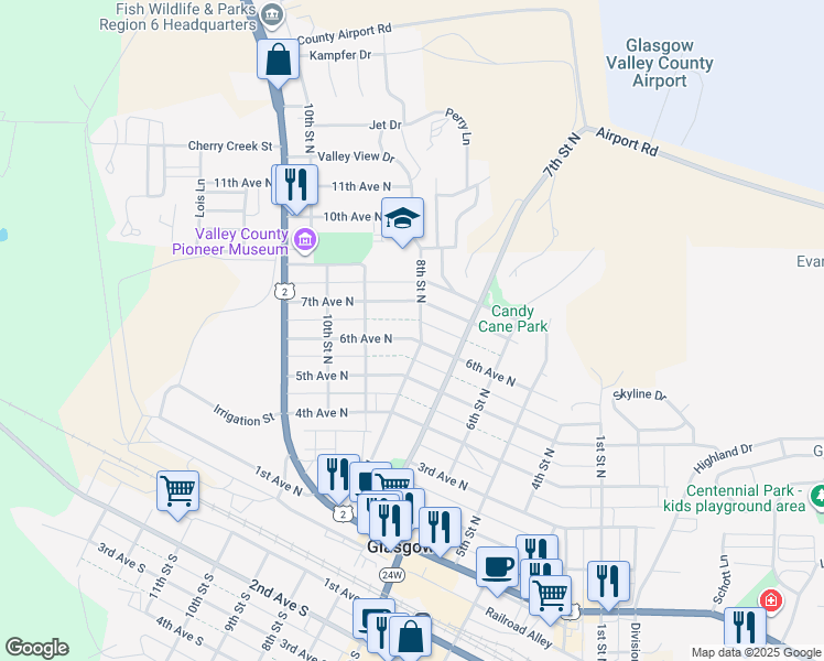 map of restaurants, bars, coffee shops, grocery stores, and more near 802 6th Avenue North in Glasgow