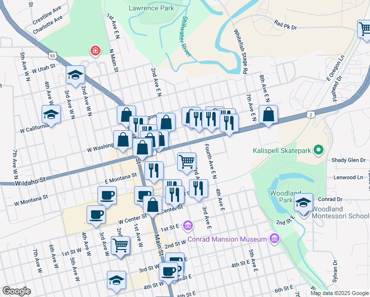 map of restaurants, bars, coffee shops, grocery stores, and more near 196 3rd Avenue East North in Kalispell