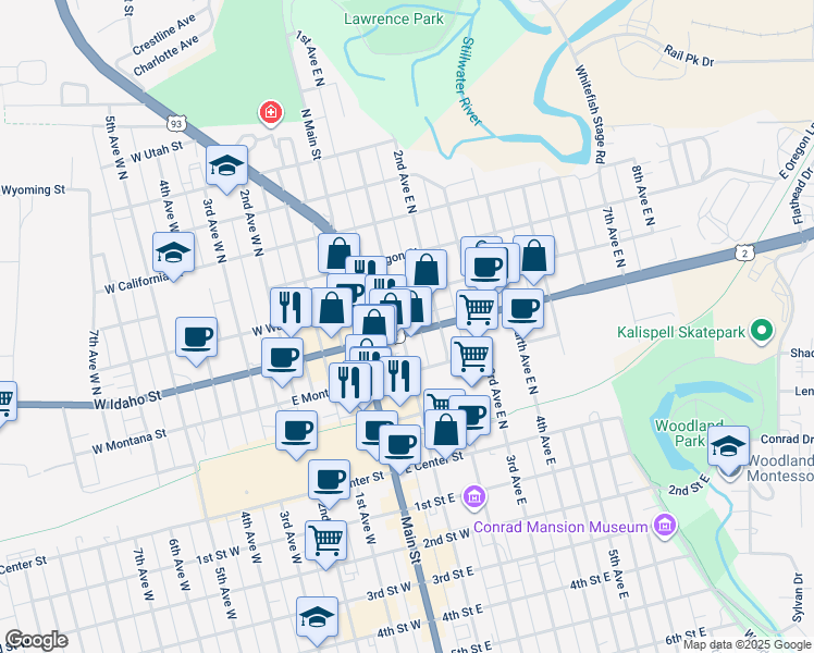 map of restaurants, bars, coffee shops, grocery stores, and more near 255 1st Avenue East North in Kalispell