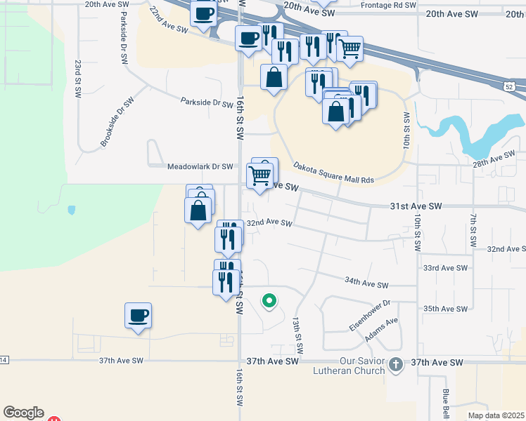 map of restaurants, bars, coffee shops, grocery stores, and more near 1500 32nd Avenue Southwest in Minot