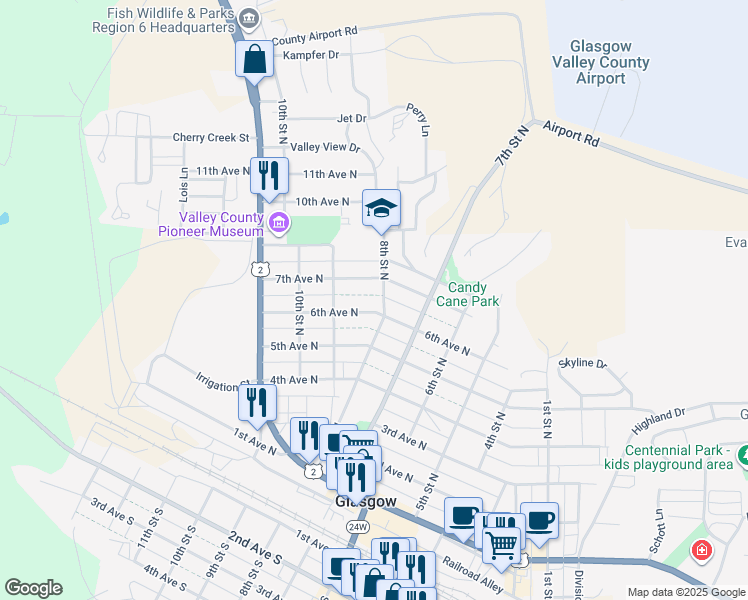 map of restaurants, bars, coffee shops, grocery stores, and more near 802 6th Avenue North in Glasgow
