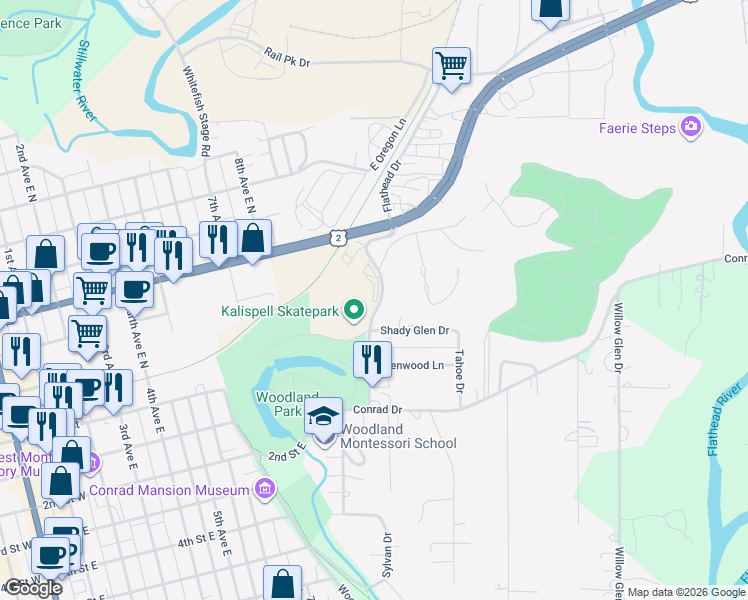 map of restaurants, bars, coffee shops, grocery stores, and more near 20 Woodland Park Drive in Kalispell