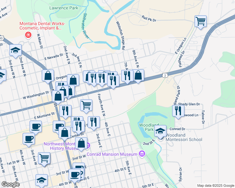 map of restaurants, bars, coffee shops, grocery stores, and more near 150 East Idaho Street in Kalispell