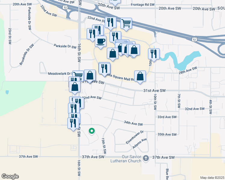 map of restaurants, bars, coffee shops, grocery stores, and more near 1300-1398 32nd Avenue Southwest in Minot