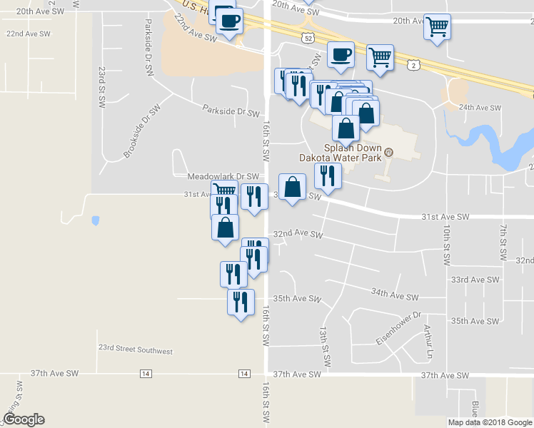 map of restaurants, bars, coffee shops, grocery stores, and more near 1540 32nd Avenue Southwest in Minot