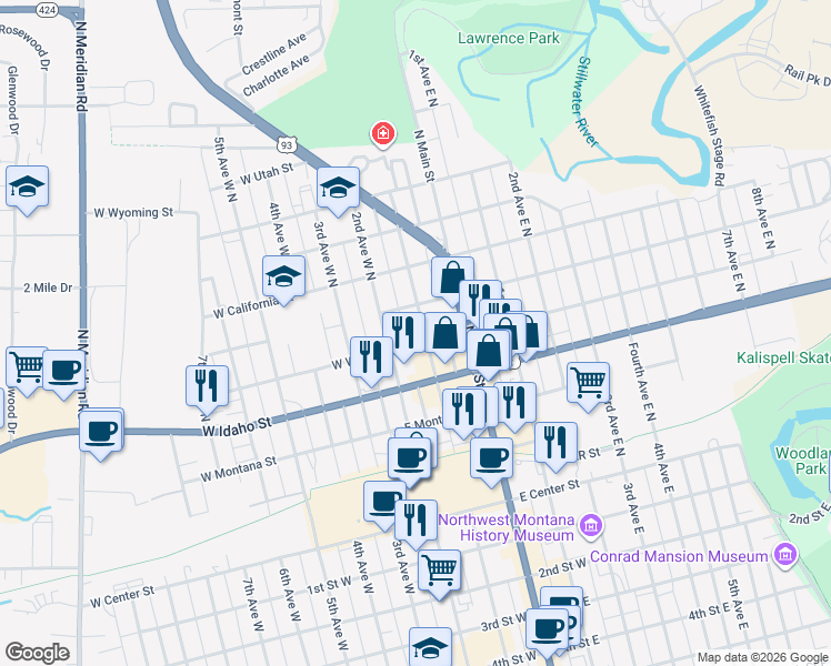 map of restaurants, bars, coffee shops, grocery stores, and more near 128 West Washington Street in Kalispell