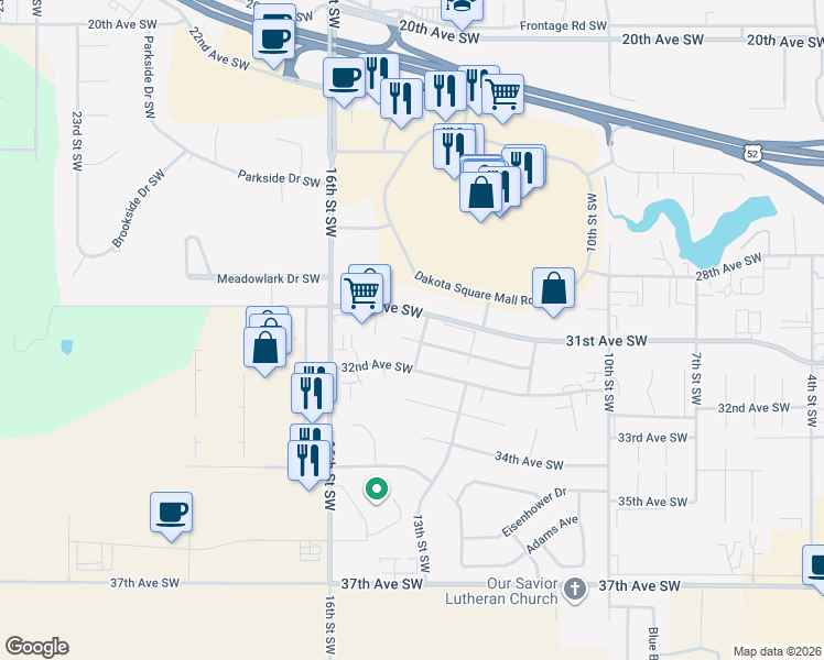 map of restaurants, bars, coffee shops, grocery stores, and more near 1400 32nd Avenue Southwest in Minot