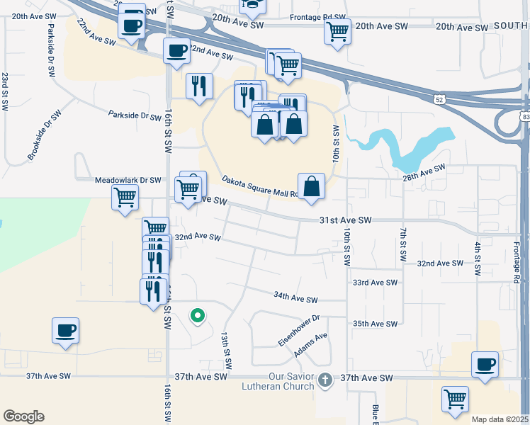 map of restaurants, bars, coffee shops, grocery stores, and more near 1300 31st Avenue Southwest in Minot