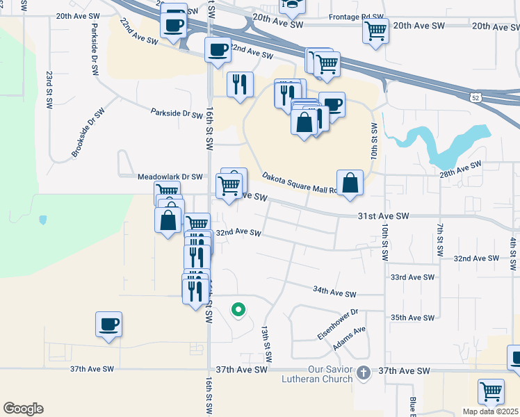 map of restaurants, bars, coffee shops, grocery stores, and more near 1400 32nd Avenue Southwest in Minot