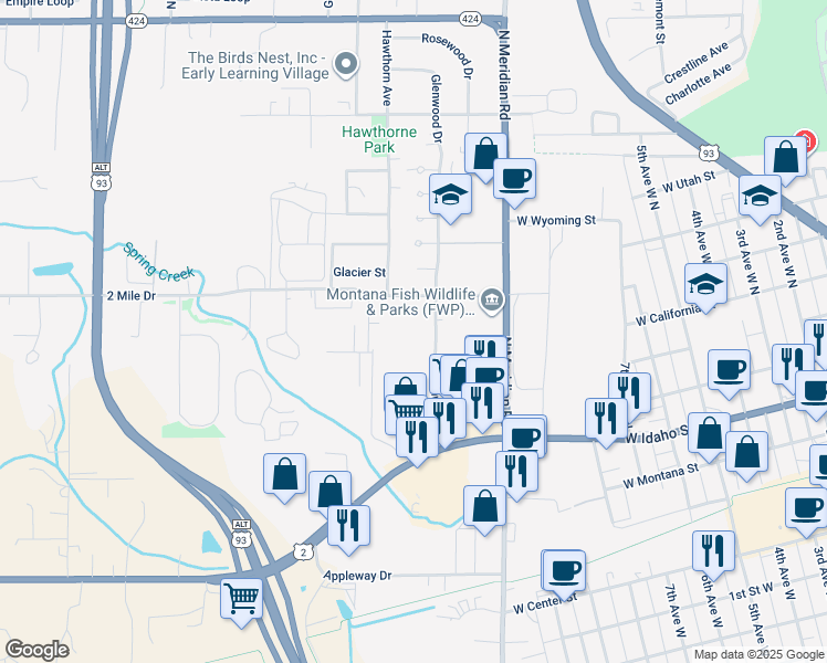 map of restaurants, bars, coffee shops, grocery stores, and more near 70 Glenwood Drive in Kalispell