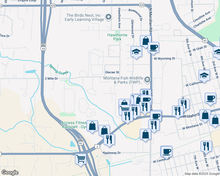 map of restaurants, bars, coffee shops, grocery stores, and more near 308 2 Mile Drive in Kalispell