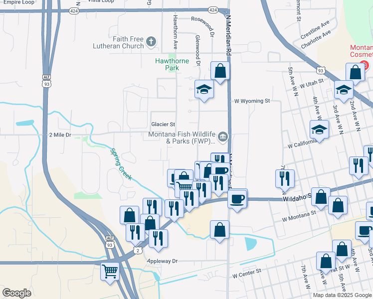 map of restaurants, bars, coffee shops, grocery stores, and more near 76 Glenwood Drive in Kalispell