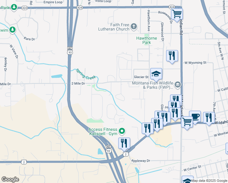 map of restaurants, bars, coffee shops, grocery stores, and more near 486 2 Mile Drive in Kalispell