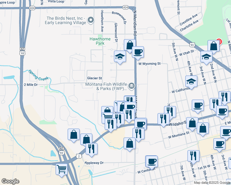 map of restaurants, bars, coffee shops, grocery stores, and more near 151 2 Mile Drive in Kalispell