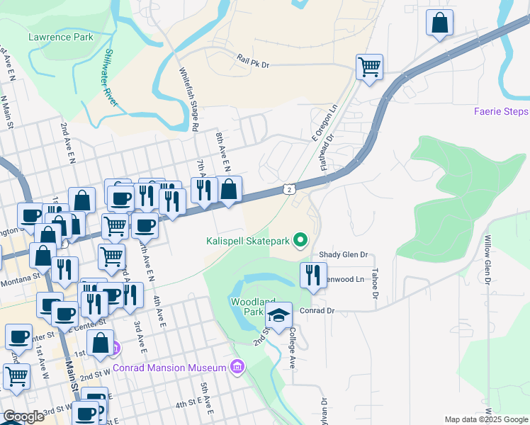 map of restaurants, bars, coffee shops, grocery stores, and more near 774-864 E Idaho St in Kalispell