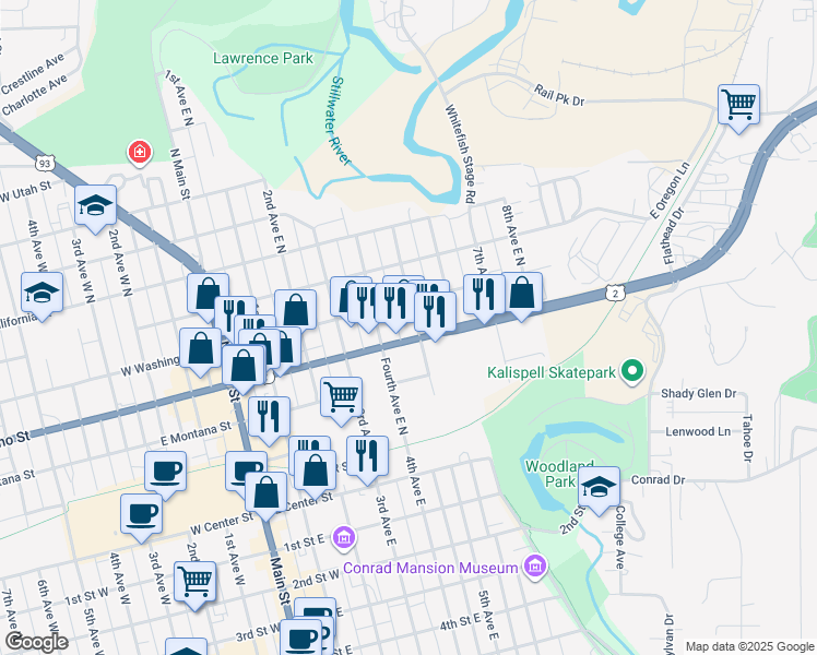 map of restaurants, bars, coffee shops, grocery stores, and more near 254 5th Avenue East North in Kalispell