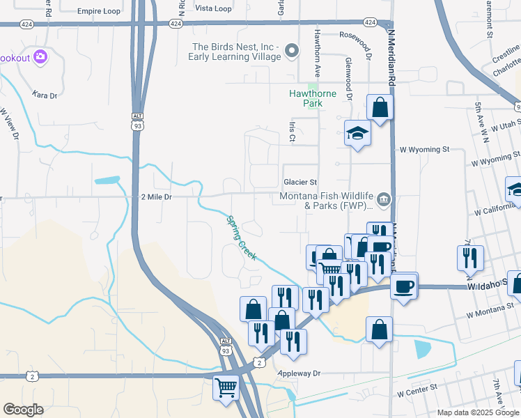 map of restaurants, bars, coffee shops, grocery stores, and more near 320 2 Mile Drive in Kalispell