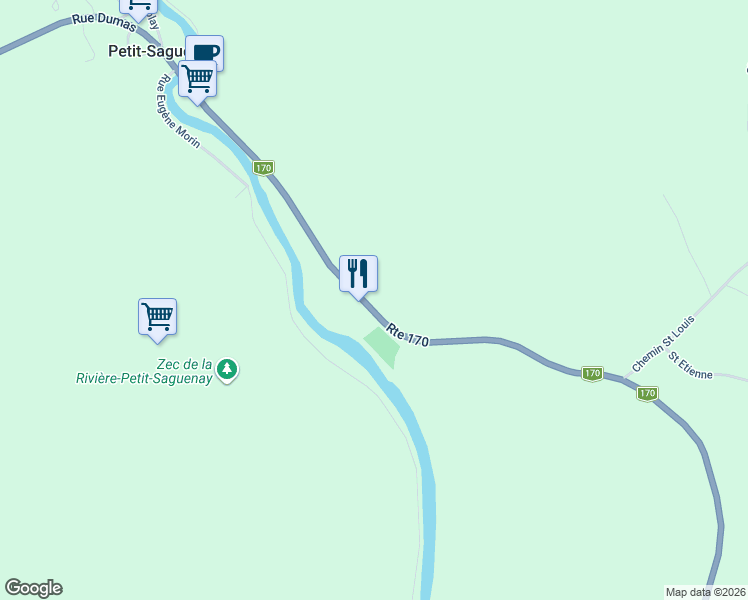 map of restaurants, bars, coffee shops, grocery stores, and more near 135 Rue Dumas in Petit-Saguenay