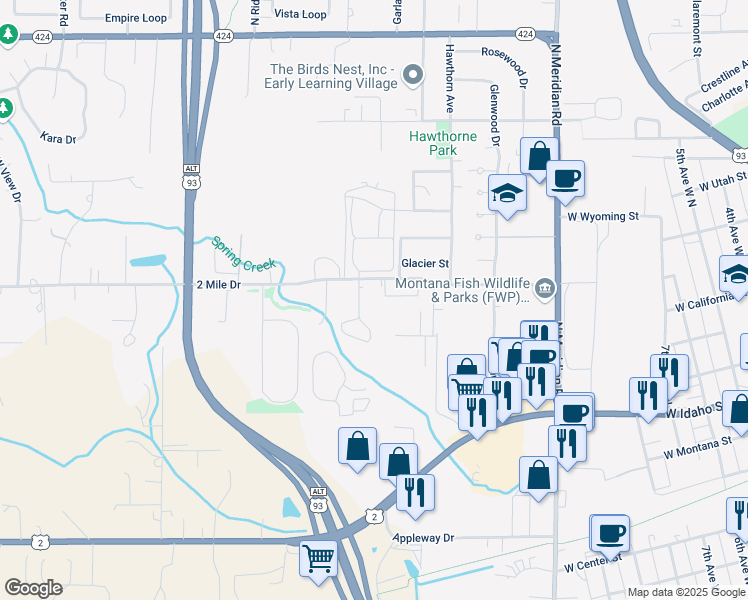map of restaurants, bars, coffee shops, grocery stores, and more near 308 2 Mile Drive in Kalispell