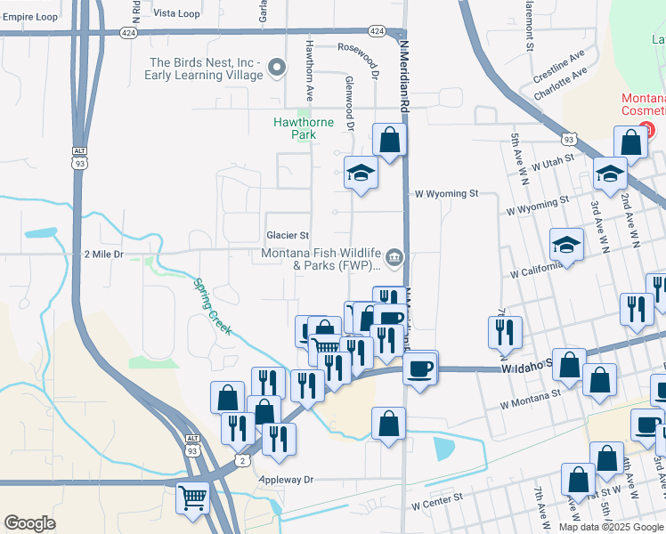 map of restaurants, bars, coffee shops, grocery stores, and more near 70 Glenwood Drive in Kalispell