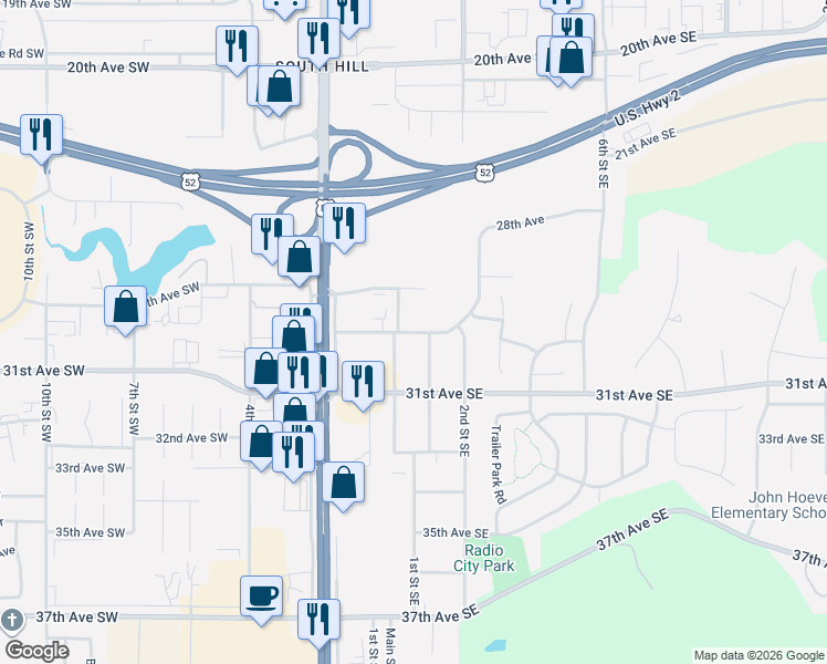 map of restaurants, bars, coffee shops, grocery stores, and more near 55 29th Avenue Southeast in Minot