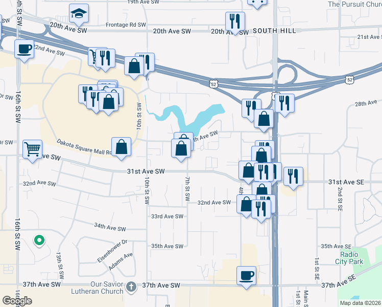 map of restaurants, bars, coffee shops, grocery stores, and more near 2901 7th Street Southwest in Minot