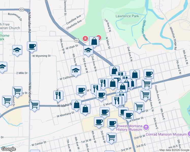 map of restaurants, bars, coffee shops, grocery stores, and more near 488 2nd Avenue West North in Kalispell