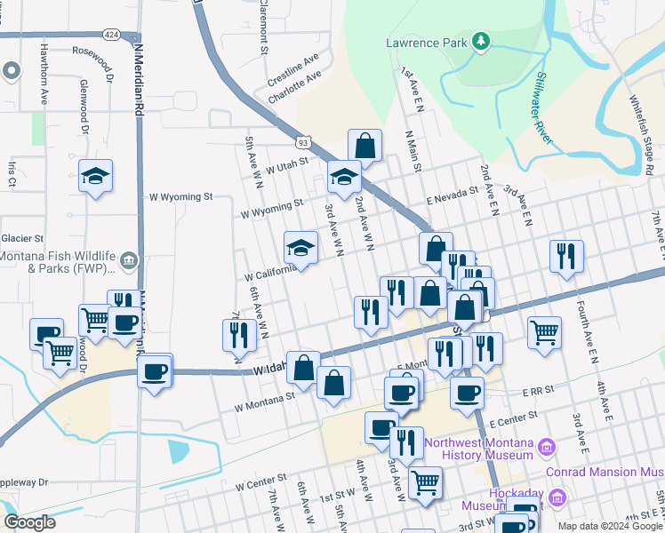 map of restaurants, bars, coffee shops, grocery stores, and more near 490 3rd Avenue West North in Kalispell
