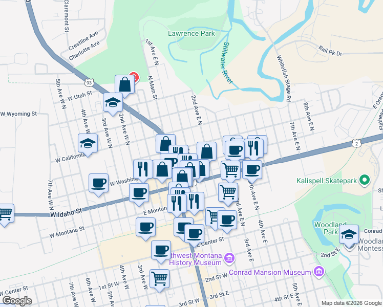 map of restaurants, bars, coffee shops, grocery stores, and more near 377 1st Avenue East North in Kalispell