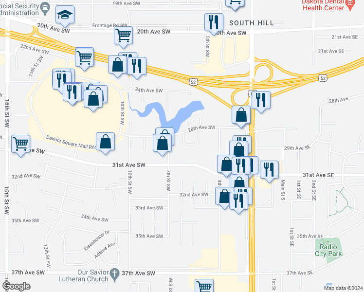 map of restaurants, bars, coffee shops, grocery stores, and more near 2808 6th Street Southwest in Minot
