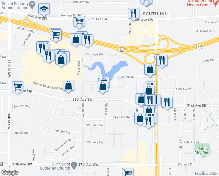 map of restaurants, bars, coffee shops, grocery stores, and more near 2808 6th Street Southwest in Minot