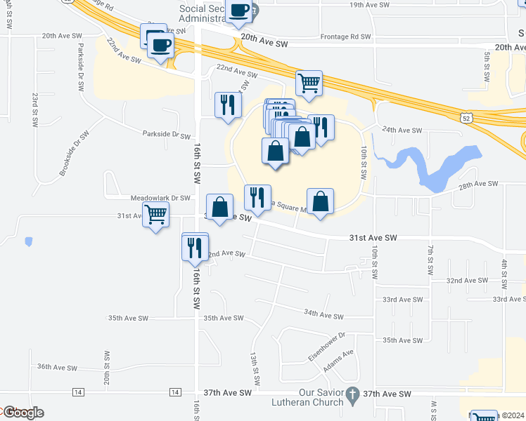 map of restaurants, bars, coffee shops, grocery stores, and more near 1300-1398 31st Ave SW in Minot