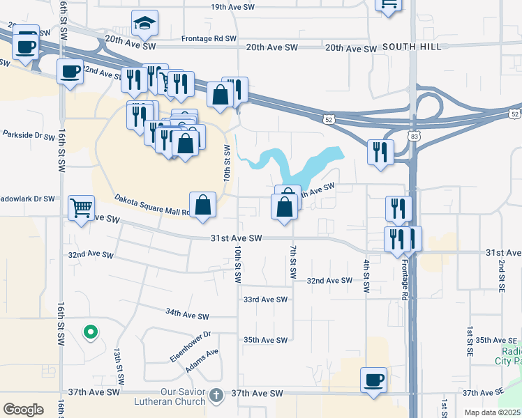 map of restaurants, bars, coffee shops, grocery stores, and more near 819 28th Avenue Southwest in Minot