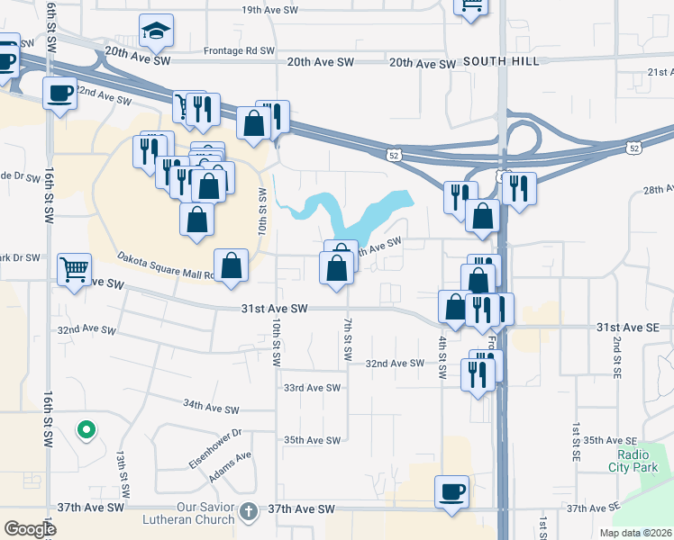 map of restaurants, bars, coffee shops, grocery stores, and more near 2800 7th Street Southwest in Minot