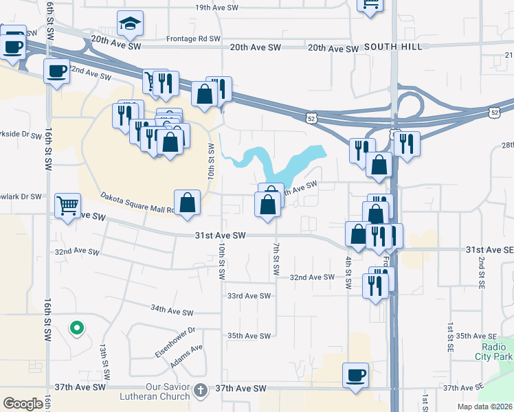 map of restaurants, bars, coffee shops, grocery stores, and more near 2800 7th Street Southwest in Minot