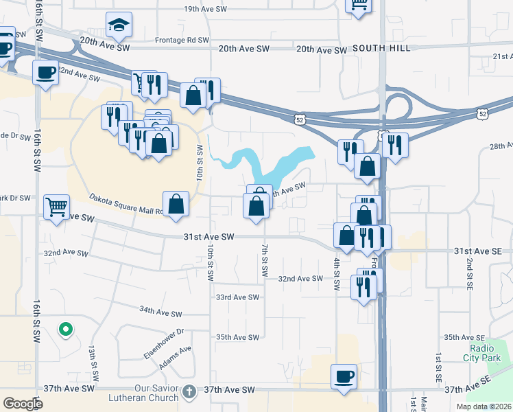map of restaurants, bars, coffee shops, grocery stores, and more near 2800 7th Street Southwest in Minot