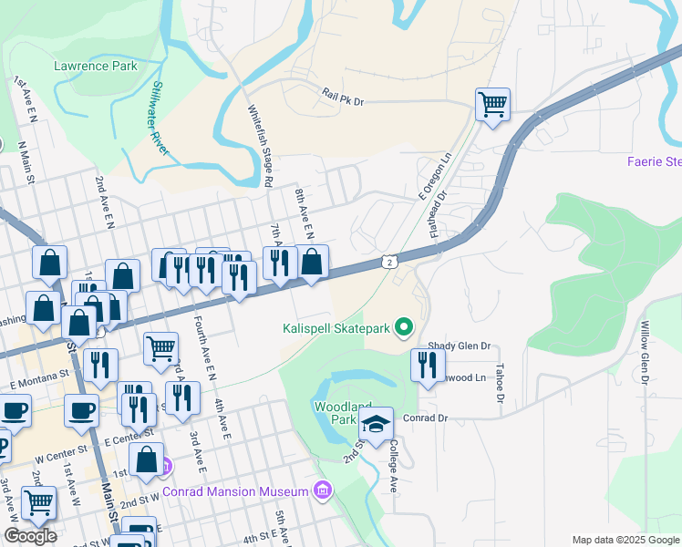 map of restaurants, bars, coffee shops, grocery stores, and more near 774 East Idaho Street in Kalispell
