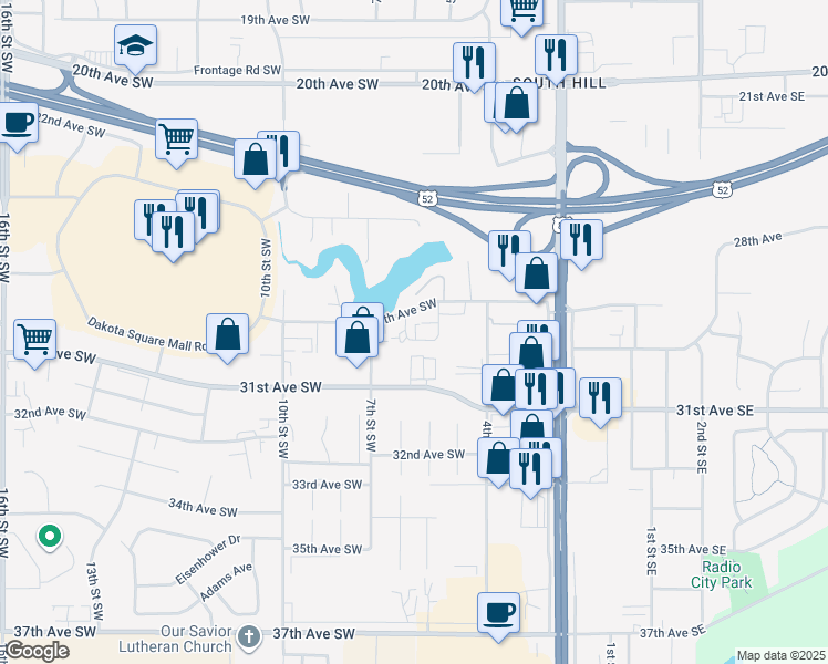 map of restaurants, bars, coffee shops, grocery stores, and more near 515 6th Street Southwest in Minot